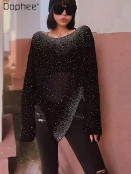 Женские легкие вязаные пуловеры из ледяного шелка с круглым вырезом и стразами, летняя защита от солнца, свободная футболка с длинными рукавами и разрезом, топ