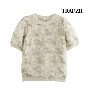 Женские летние футболки TRAF ZR 2024, женские топы с круглым вырезом, шикарная футболка с коротким рукавом, футболки с цветочной вышивкой