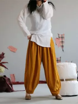 Женские Летние льняные брюки с эластичным поясом, Женские однотонные Винтажные льняные штаны, женские широкие брюки 2022