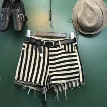 Женские летние модные джинсовые шорты с эффектом потертости, модные рваные джинсовые шорты в полоску, джинсовые шорты на молнии Fl