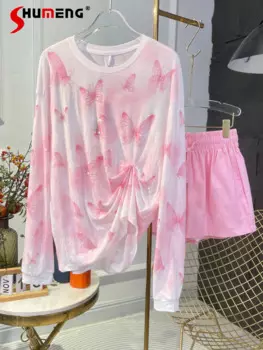 Женские летние новые футболки 2024, популярная женская одежда для защиты от солнца с принтом бабочки, топы с длинным рукавом, женская тонкая футболка