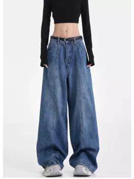 Женские лоскутные широкие джинсы в стиле ретро, крутые модные брюки в уличном стиле для девочек, женские прямые свободные джинсовые брюки с высокой талией