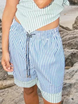 Женские Лоскутные Шорты-боксеры, повседневные широкие шорты с эластичным поясом и принтом в полоску, уличные брюки