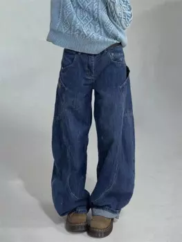 Женские Мешковатые брюки с широкими штанинами в винтажном стиле, модные синие джинсы для девочек, женские прямые брюки с высокой талией и большими карманами