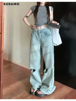 Женские Мешковатые джинсовые брюки Y2K в стиле 1920-х годов, винтажные повседневные брюки с эффектом потертости, рваные джинсы с высокой талией в стиле ретро