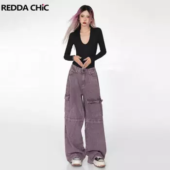 Женские мешковатые джинсы ReddaChic, фиолетовые повседневные широкие брюки-карго большого размера с эластичным поясом в стиле хип-хоп, винтажная одежда для работы