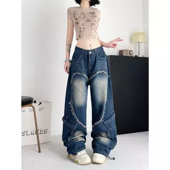 Женские мешковатые джинсы с завышенной талией в американском стиле Y2k, Женские джинсы-карго в уличном стиле, джинсы большого размера синего цвета для девушек