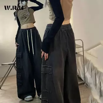 Женские Мешковатые однотонные джинсовые брюки Y2K в стиле панк, винтажные повседневные брюки в стиле эмо с завязками, уличные тренировочные джинсы в стиле ретро с высокой талией