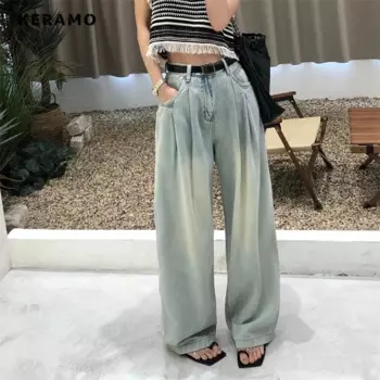 Женские Мешковатые японские джинсовые брюки Y2K в стиле 1920-х годов, винтажные повседневные брюки с эффектом потертости, синие джинсы в стиле ретро с высокой талией