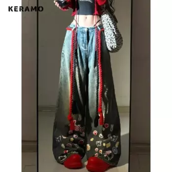 Женские милые мешковатые джинсовые брюки Y2K 2000-х годов, винтажные повседневные брюки с аппликацией, тройные джинсы в стиле ретро с высокой талией