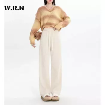 Женские Модные Уютные свободные однотонные длинные брюки 2023 зимние повседневные стильные широкие брюки с высокой талией и шнуровкой