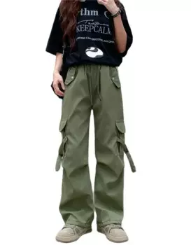 Женские Модные Зеленые рабочие брюки с несколькими карманами, новинка летнего сезона Y2K, свободные прямые широкие брюки с кулиской и широкими штанинами
