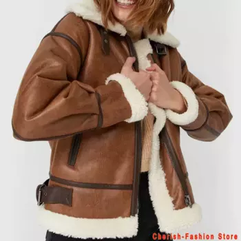 Женские мотоциклетные байкерские Теплые черные кофейные пальто, уличная одежда 2022, модные женские зимние толстые куртки из искусственной кожи и овчины с мехом