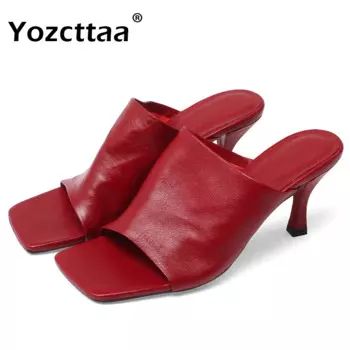Женские мюли из натуральной кожи, на тонком высоком каблуке, Размеры 33-43