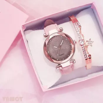 Женские наручные часы со звездным небом, розовые часы с браслетом из кожи, модные простые часы для девушек, 2022