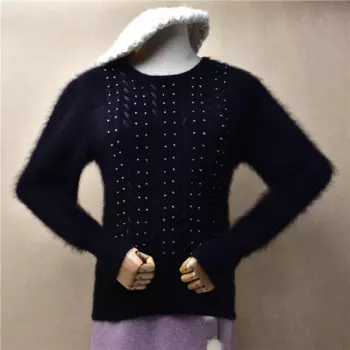 Женские осенне-зимние винтажные черные волосатые ангорские волосы с бисером, вязаные блузки с круглым вырезом и длинными рукавами, свитер, джемпер