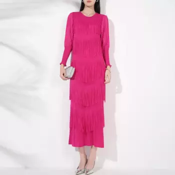 Женские платья Miyake плиссированное модное эластичное платье с круглым вырезом и длинными рукавами розово-красное платье с бахромой