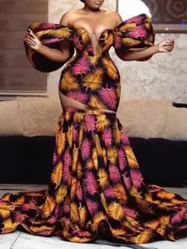 Женские платья, новинка 2024, соблазнительные официальные платья с открытыми плечами и цветочным принтом, с открытой спиной, модное платье-Русалка Макси с пышными рукавами