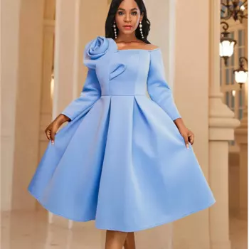 Женские платья трапециевидной формы 2024, весенние элегантные юбки с большим подолом, с открытыми плечами, с розой, с одним ремешком, вечерние платья с длинными рукавами