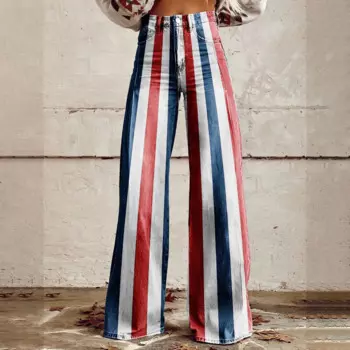 Женские полосатые прямые брюки, широкие брюки с цветным принтом, женские повседневные широкие брюки с винтажным принтом, длинные брюки