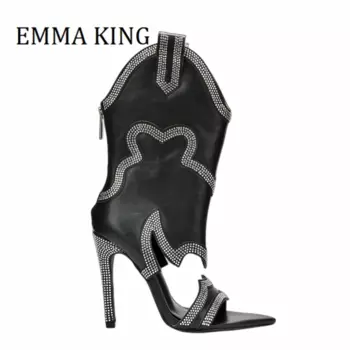 Женские полусапожки со стразами, женские сапоги до середины икры с открытым носком на шпильке, женские сапоги в западном стиле, разноцветные сапоги для женщин