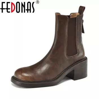 Женские полусапожки в британском стиле FEDONAS, Черные полусапожки с круглым носком, теплая мотоциклетная обувь в стиле ретро на осень 2024