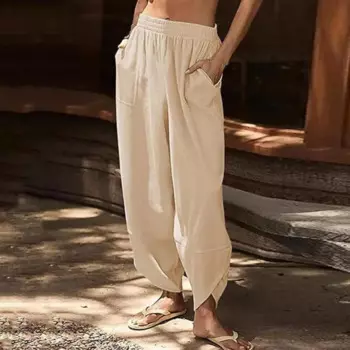 Женские повседневные брюки, однотонные, с широкими штанинами, деловые Брюки с карманами, эластичные свободные брюки с высокой талией, элегантные дамские штаны