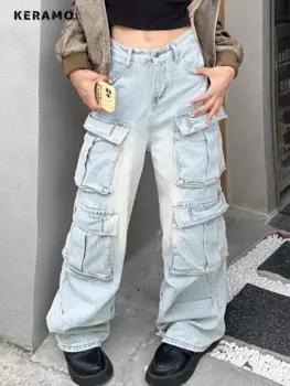 Женские повседневные джинсовые брюки с широкими штанинами, мешковатые джинсовые брюки с карманами Y2K 2000s, модные винтажные брюки с высокой талией, прямые синие джинсы в стиле High Street