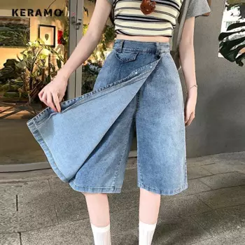 Женские повседневные джинсовые шорты в стиле Харадзюку, винтажные свободные джинсовые шорты с эффектом потертости, широкие мешковатые джинсовые шорты в стиле панк Y2K