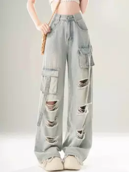 Женские повседневные джинсы American Chicly с несколькими карманами, летние новые модные свободные простые женские широкие брюки с вырезами и высокой талией