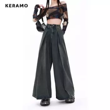 Женские повседневные мешковатые брюки Y2K с широкими штанинами, уличная одежда, синие джинсовые брюки в американском стиле ретро с высокой талией, свободные джинсы большого размера