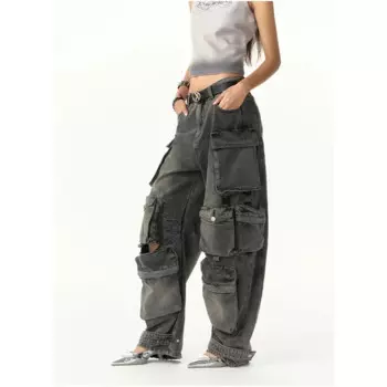 Женские повседневные мешковатые брюки Y2K, широкие штаны, гранж, джинсовые брюки HarajukuVintage с карманами, прямые джинсы с высокой талией