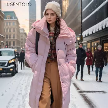 Женские повседневные парки, новинка сезона осень-зима 2024, Классическая свободная пуховая теплая куртка из хлопка, модное простое длинное пальто с капюшоном и карманами