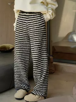 Женские повседневные свободные трикотажные брюки в полоску с высокой талией на осень и зиму