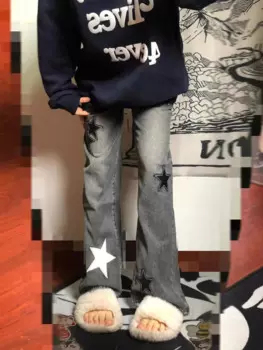 Женские прямые джинсы American high street с принтом звезд, летние свободные брюки с высокой талией и широкими штанинами