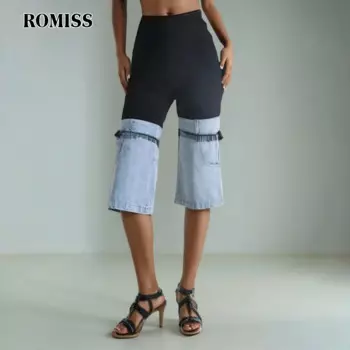 Женские прямые джинсы с высокой талией, составного кроя