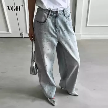 Женские прямые джинсы VGH, повседневные Лоскутные Брюки с карманами и высокой талией, минималистичные свободные прямые джинсы со стразами