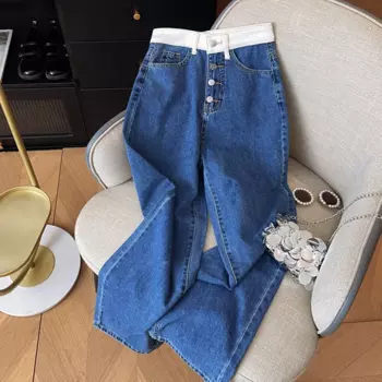 Женские прямые джинсы в американском стиле, темно-синие винтажные брюки с высокой талией, Y2K, на лето