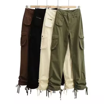 Женские прямые повседневные брюки, американский Ретро комбинезон на шнуровке, брюки, осенние брюки с несколькими карманами, брюки с высокой талией, одежда карго