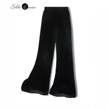 Женские расклешенные брюки из 30% натурального шелка шелковицы, свободные и висячие дышащие черные повседневные брюки со средней высокой талией