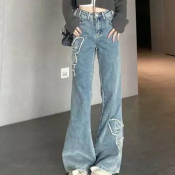 Женские расклешенные джинсовые брюки с карманами, брюки с завышенной талией, джинсы-бабочки для женщин, расклешенные синие брюки с украшением в стиле эмо