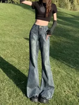 Женские расклешенные джинсы в стиле ретро, повседневные модные прямые джинсы с высокой талией, свободного покроя, Y2k