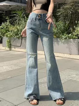 Женские расклешенные джинсы в стиле ретро с 2 пуговицами и рваными дырками, новинка 2024, облегающие джинсовые брюки скинни с высокой талией, женские брюки с карманами для девушек