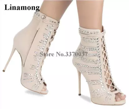 Женские Роскошные Модные Бежевые замшевые кожаные ботинки с открытым носком, короткие гладиаторские ботинки с вырезами, ботильоны на тонком высоком каблуке с кристаллами