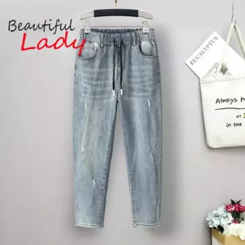 Женские рваные синие джинсы с высокой талией, большие размеры