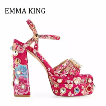 Женские сандалии с вышивкой и цветами, женские блестящие сандалии с открытым носком и ремешком на щиколотке, роскошная классическая обувь