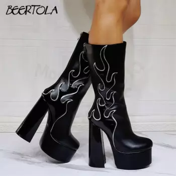 Женские сапоги до колена на Высоком толстом каблуке, серебристые и черные сапоги в готическом стиле, большие размеры