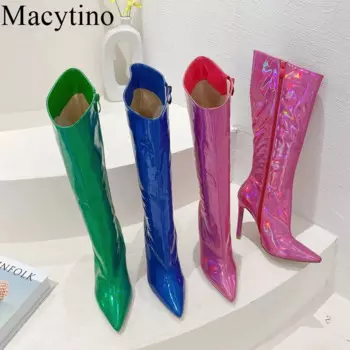 Женские сапоги с острым носком, черные, розовые, красные или синие сапоги на тонком каблуке, большие размеры 35-42
