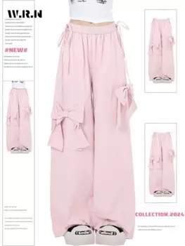 Женские широкие брюки, повседневные однотонные розовые брюки с высокой талией, милые свободные длинные брюки на шнуровке с бантом, лето 2024