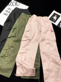 Женские широкие брюки с карманами [YOZOU], розовые/зеленые/черные/коричневые свободные брюки-карго с высокой талией и эластичным поясом